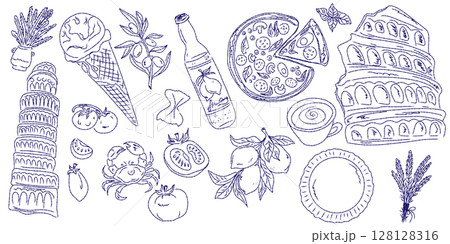 Whimsical hand drawn sketch set inspired by Mediterranean lifestyle. Includes food, drinks, flowers, summer decor and travel elements. Perfect for branding, packaging, prints, and stickers. 128128316