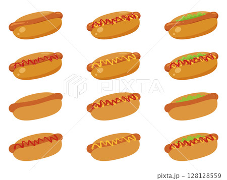 かわいいホットドッグのイラスト素材セット かわいいホットドッグのイラスト素材セット 128128559