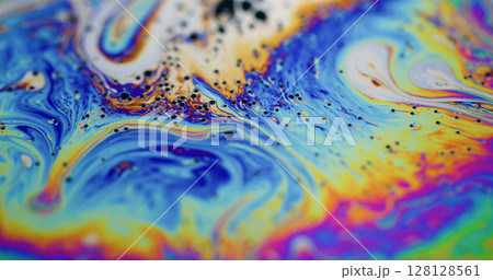 Rainbow oil. Paint mix. Multicolor gasoline liquid vivid vibrant wave blend pigment background. Abstract petrol pattern blur fluid. 128128561