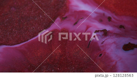 Color mix. Paint background. Defocused red purple pink chemical liquid flowing maroon stains floating on creative art abstraction. 128128563