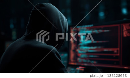 A shadowy hooded professional coding intensely, perfect for tech security branding 128128658