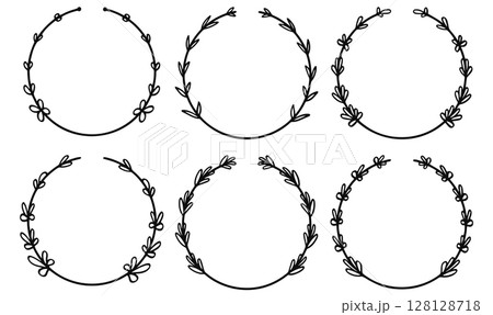 Hand drawn black and outline floral laurel wreath circle frames collection. 128128718
