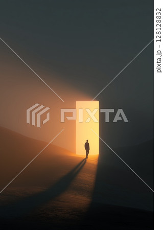 A lone figure approaches a glowing portal 128128832