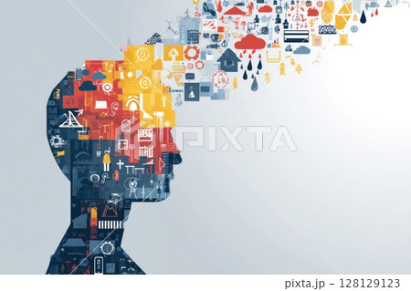 A colorful human head silhouette is filled with diverse icons - books, gears, clouds, buildings, and tools - flowing outward to the right. The image symbolizes learning, ideas, and creative thinking. 128129123