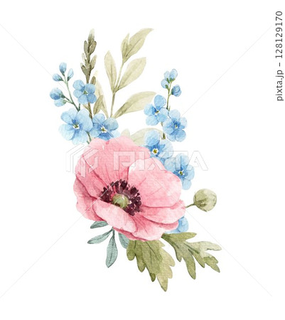 Watercolor floral bouquet with poppy, chamomile and blue flowers perfect for wedding invitations, greeting cards, wall art, packaging and digital design 128129170