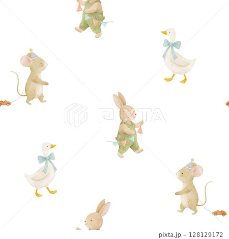 Seamless watercolor baby pattern with bunny, duck, and mouse in pastel tones. Ideal for nursery wallpaper, kids fabric, baby shower invites, and playful textile designs. 128129172