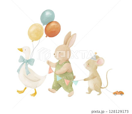 Adorable watercolor illustration of a duck, bunny, and mouse in a festive parade with balloons and flags. Ideal for baby decor, nursery prints, and children's party invitations. 128129173