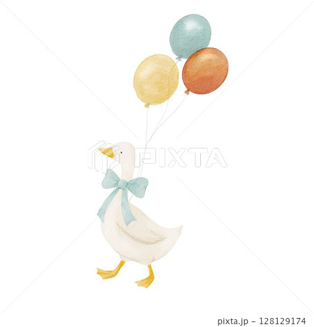 Adorable duck with colorful balloons and a big bow. Perfect for baby shower art, kids invitations, or nursery prints in soft pastel style. 128129174