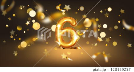 Number 6 surrounded by stars and bokeh lights. 128129257