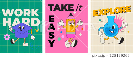 School characters of funny school items with different emotions and motivational phrases.Kawaii happy characters of school supplies-pencil,flask,oxford cap.Template for design,web,poster,banner Vector 128129263