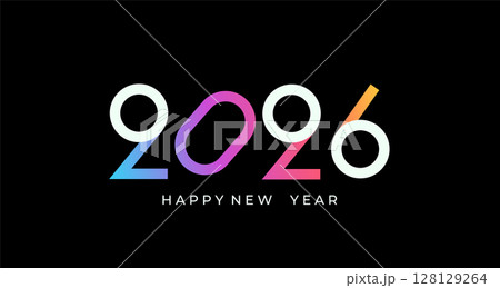 Celebrating 2026 New Year. Elegant minimalistic greeting card for happy event with isolated gradient numbers on black background. Template for poster, flyer, banner, web, calendar cover design. Vector Celebrating 2026 New Year. Elegant minimalistic greeting card for happy event with isolated gradient numbers on black background. Template for poster, flyer, banner, web, calendar cover design. Vector 128129264