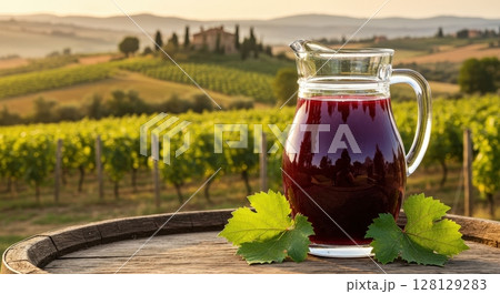 Red wine pitcher on barrel overlooking beautiful tuscan vineyard landscape during sunset Red wine pitcher on barrel overlooking beautiful tuscan vineyard landscape during sunset 128129283