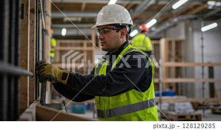 Focused construction worker in hard hat and safety vest working on rebar frame 128129285
