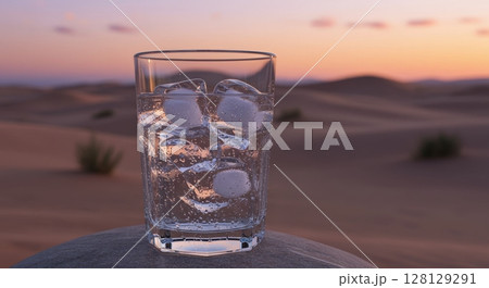 Glass of cold refreshing ice water on rock in desert landscape during beautiful sunset 128129291