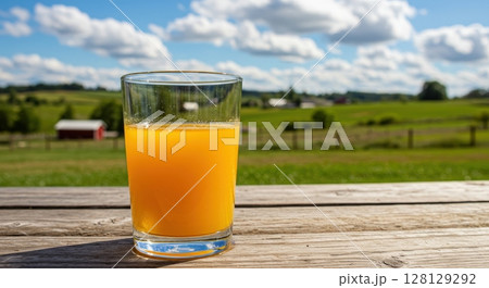 Refreshing glass of orange juice on a rustic wooden table with a scenic countryside backdrop 128129292