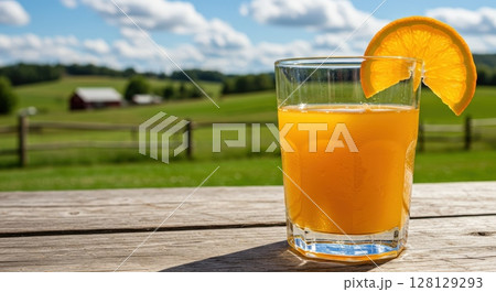 Glass of fresh orange juice with slice garnish on a rustic table in a countryside landscape 128129293