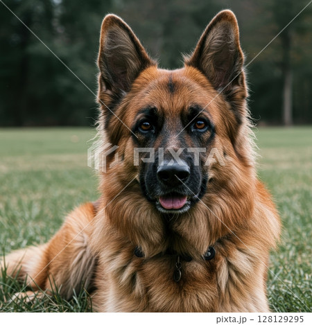 Majestic long-haired german shepherd dog portrait lying on green grass in a park outdoor 128129295