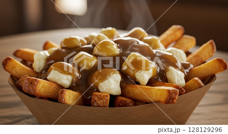 Delicious Canadian poutine with golden french fries, cheese curds, and rich gravy 128129296