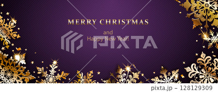 Christmas illustration with golden snowflakes on purple. 128129309
