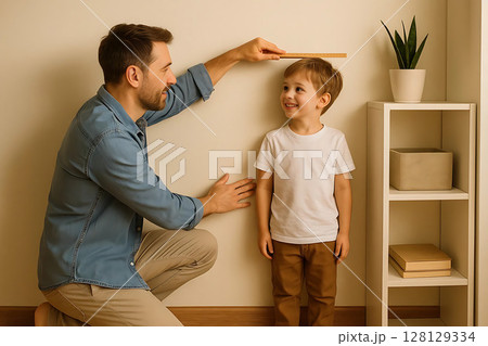 Father measures the height of his son at home 128129334