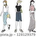 夏のカジュアルデニムコーデの女性ファッションイラストセット 128129379