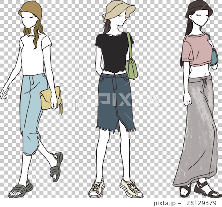 夏季休閒牛仔裝女裝時尚插畫套裝 夏季休閒牛仔裝女裝時尚插畫套裝 128129379