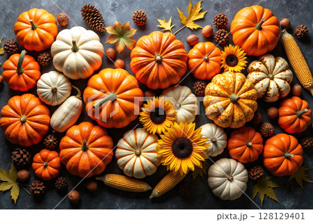 Assorted pumpkins and sunflowers on a dark background. 128129401