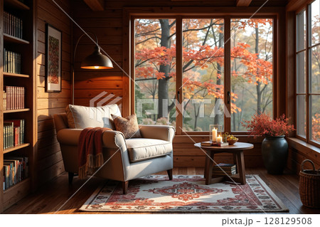Cozy reading nook with chair, books, and autumn view. 128129508
