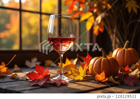 Glass of wine on a wooden table with autumn leaves and pumpkins. 128129511