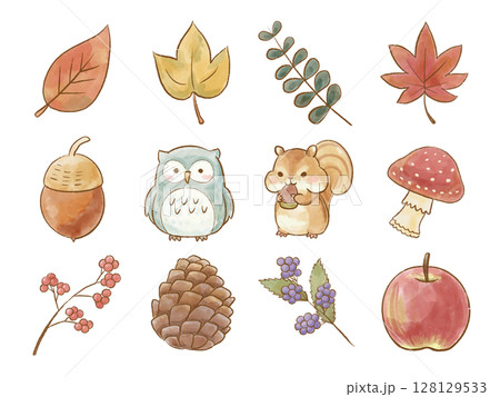 秋の動物と自然モチーフの手描き水彩イラストセット 秋の動物と自然モチーフの手描き水彩イラストセット 128129533