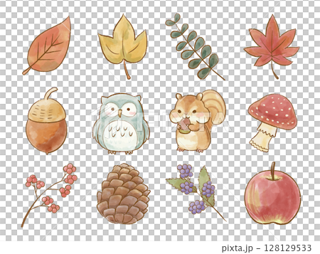 秋の動物と自然モチーフの手描き水彩イラストセット 秋の動物と自然モチーフの手描き水彩イラストセット 128129533