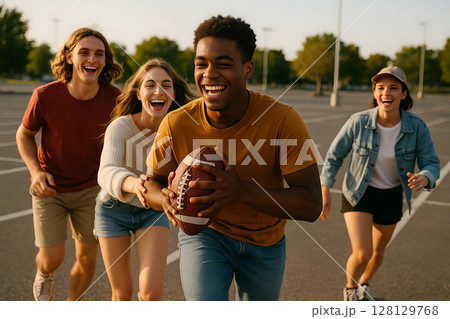 Friends having fun playing football in a park Friends having fun playing football in a park 128129768