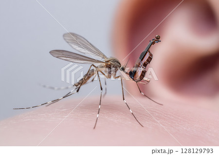 Mosquito Symphony. A mosquito on a person's ear with a tiny violin, 128129793