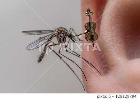 Mosquito Symphony. A mosquito on a person's ear with a tiny violin, 128129794