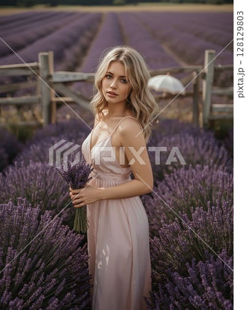 Young Woman Portrait in Blooming Lavender Field at Sunset 128129803