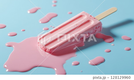 A melting pink ice cream popsicle lies on a light blue surface 128129960