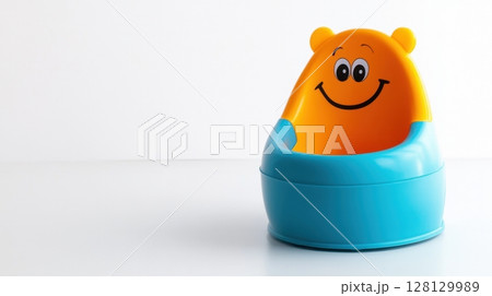 a colorful plastic children's potty with a smiling face design, white background 128129989