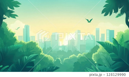a sunrise over a modern city skyline viewed from a lush green forest 128129990