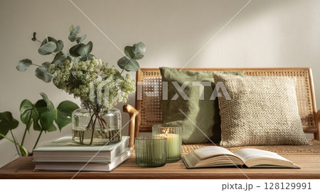 cozy interior scene features a wooden bench with textured cushions, a coffee table with candles, books 128129991