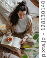Woman Drinking Tea While Reading a Book Indoors 128130140