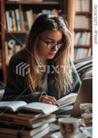 In a quiet academic space, a student cross-references handwritten notes with her laptop, absorbed in concentration. 128130142