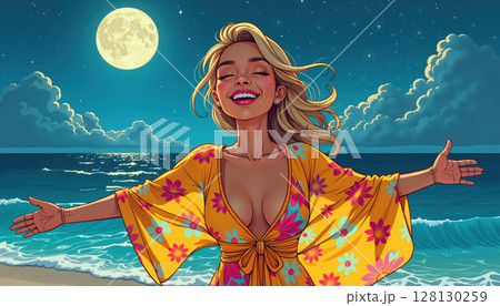 Joyful woman at the beach under the moonlight. 128130259