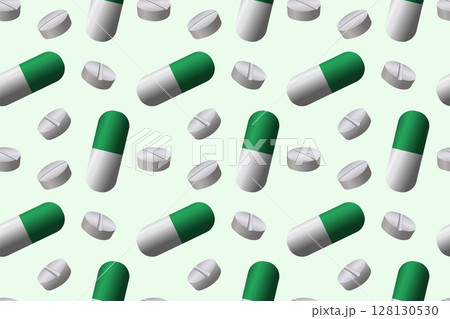Medication seamless pattern. Green and white pills and capsules background. Medical background in green and white colors. Medication seamless pattern. Green and white pills and capsules background. Medical background in green and white colors. 128130530