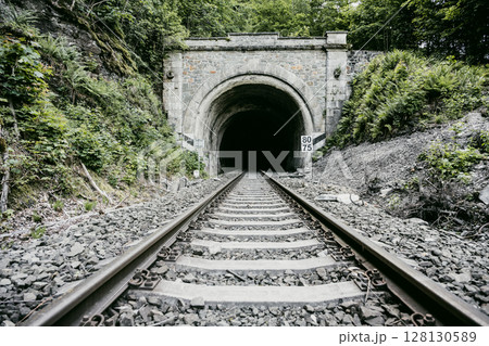A railway tunnel entrance reveals a dark void surrounded by lush greenery. Metal tracks lead straight into the darkness, inviting exploration amidst natural surroundings. A railway tunnel entrance reveals a dark void surrounded by lush greenery. Metal tracks lead straight into the darkness, inviting exploration amidst natural surroundings. 128130589