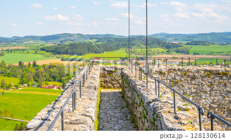 Visitors enjoy a panoramic view from the Donjon Tower of Rabi Castle in Czechia. The lush green landscape stretches across the horizon, showcasing rolling hills and quaint villages below. Visitors enjoy a panoramic view from the Donjon Tower of Rabi Castle in Czechia. The lush green landscape stretches across the horizon, showcasing rolling hills and quaint villages below. 128130614