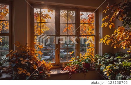 Window with a view of trees and plants. The window is open and the sun is shining through it 128130793
