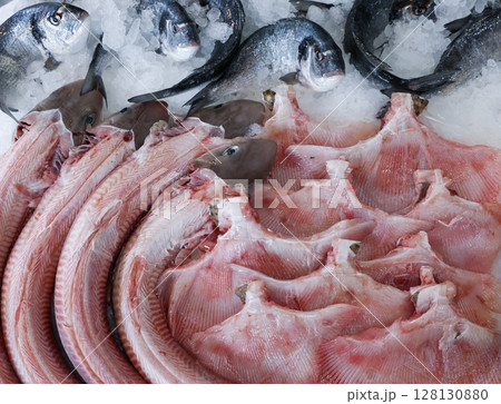 Vibrant fish market exhibit filled with fresh seafood options, Mustelus or smooth-hounds genus of sharks and Raja skate fillets, sea bass on ice, typical of Greek culinary traditions. Vibrant fish market exhibit filled with fresh seafood options, Mustelus or smooth-hounds genus of sharks and Raja skate fillets, sea bass on ice, typical of Greek culinary traditions. 128130880