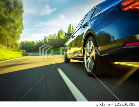 Car rushes along the highway at sunset , low angle side view Car rushes along the highway at sunset , low angle side view 128130889