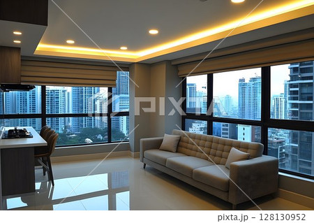 Modern apartment interior city view soft lighting neutral decor 128130952