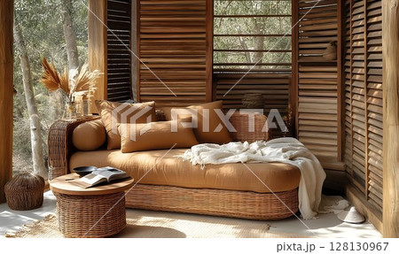 Relaxing wicker daybed in sunlit room home decor interior 128130967